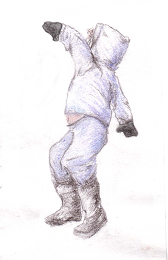 Drawing of Little Boy in a Snowball Fight